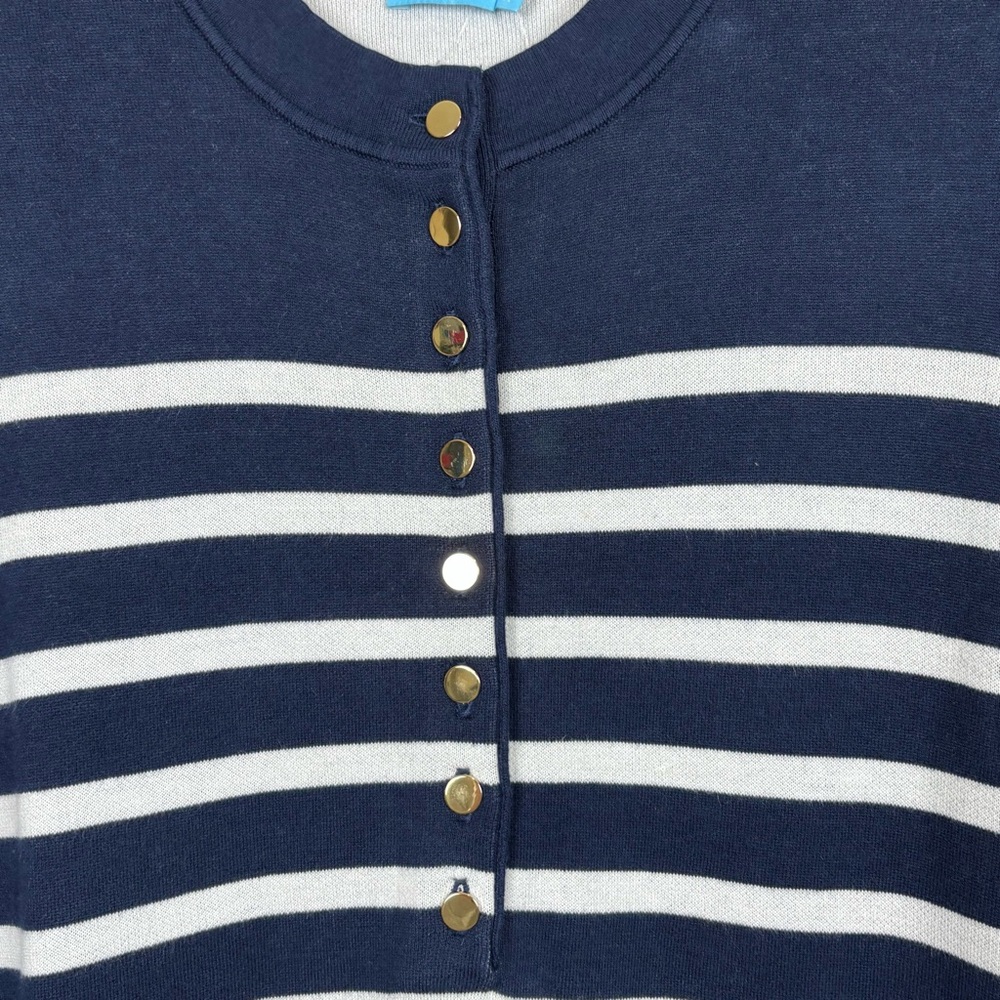 J. McLaughlin Dress Women M Navy White Stripe Merilee 3/4 Sleeve Mock Neck Swing - Picture 3 of 14
